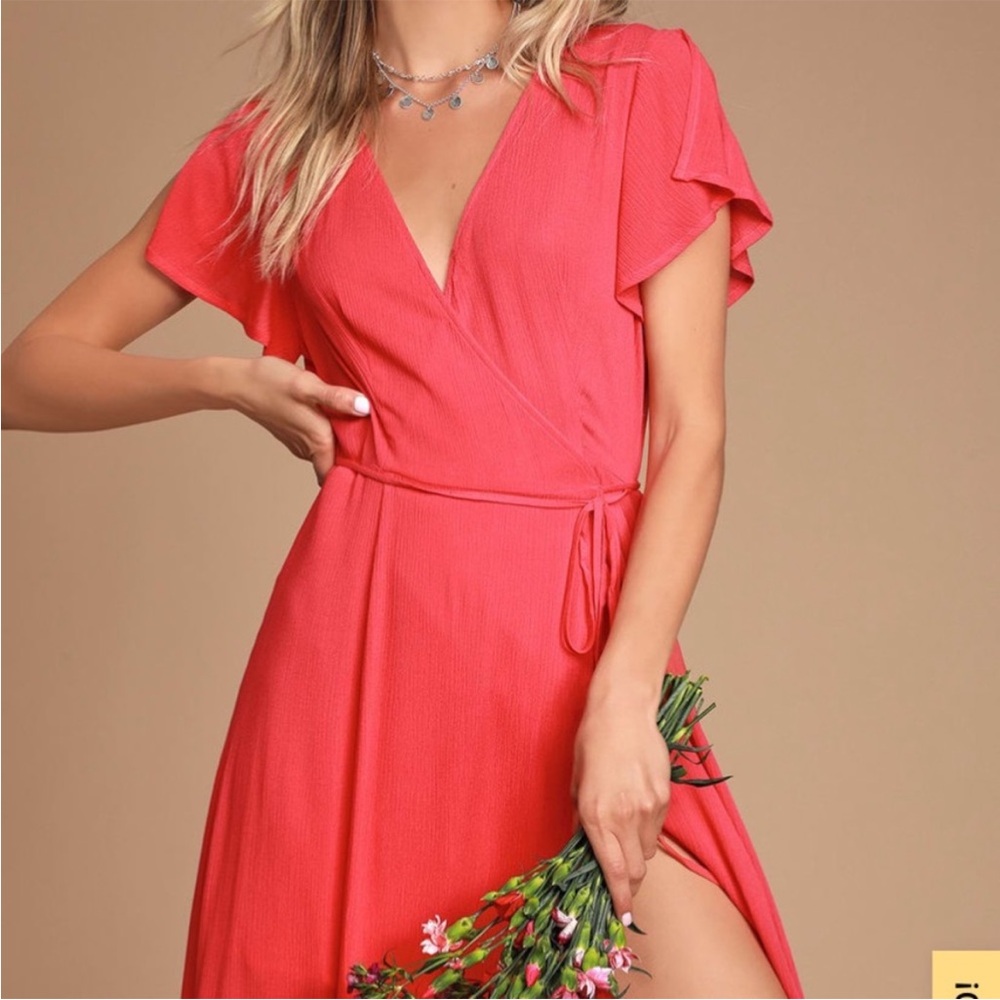 Lulu's Pink Flutter Sleeve Wrap Midi Dress